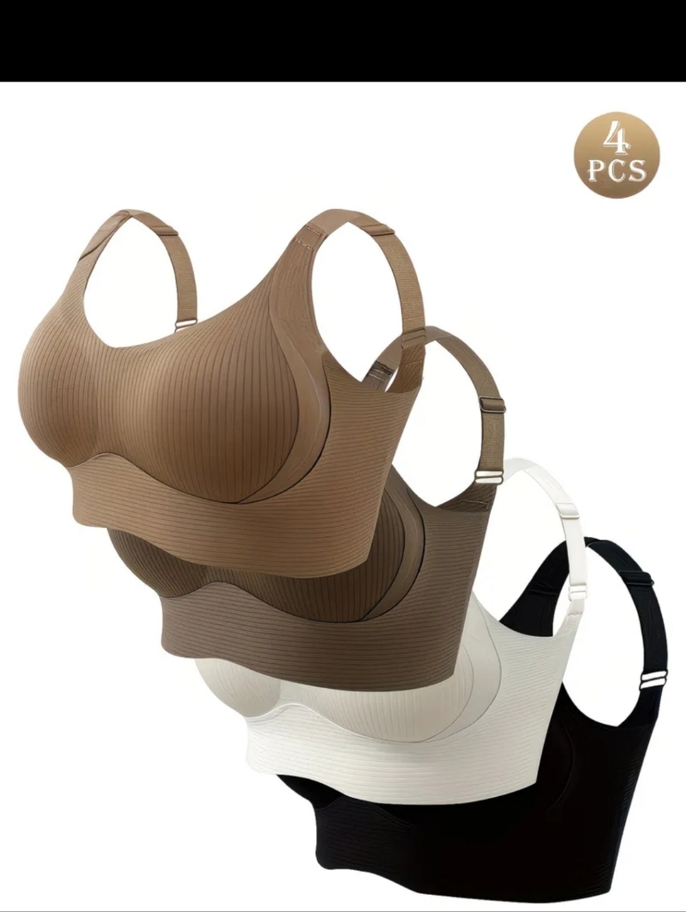 4 Pack-Seamless Ribbed Wireless T-Shirt Bras - 4-Pack (Brown, Tan, White, Black)